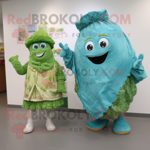 Turquoise Corned Beef And Cabbage mascot costume character dressed with a Coat and Clutch bags