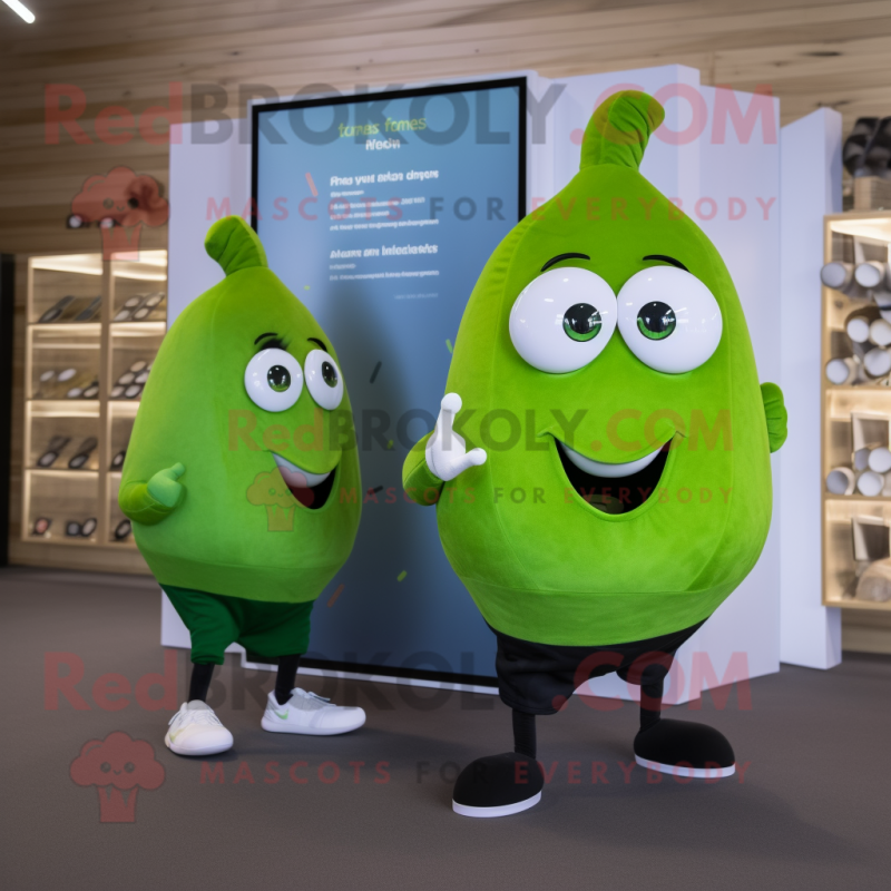 Forest Green Pear mascot costume character dressed with a Running Shorts and Smartwatches