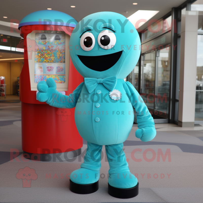 Turquoise Gumball Machine mascot costume character dressed with a Suit Pants and Mittens