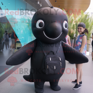 Black Humpback Whale mascot costume character dressed with a Playsuit and Messenger bags