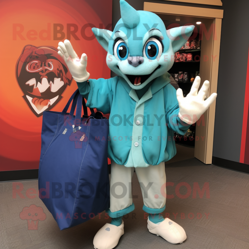 Cyan Vampire mascot costume character dressed with a Baseball Tee and Tote bags