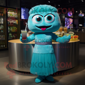 Cyan Ramen mascot costume character dressed with a Cocktail Dress and Bracelets