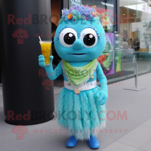 Cyan Ramen mascot costume character dressed with a Cocktail Dress and Bracelets