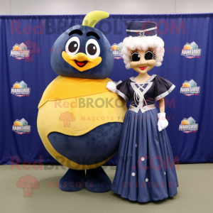 Navy Mango mascot costume character dressed with a Ball Gown and Ties