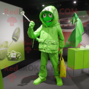 Lime Green Knife Thrower mascot costume character dressed with a Raincoat and Briefcases