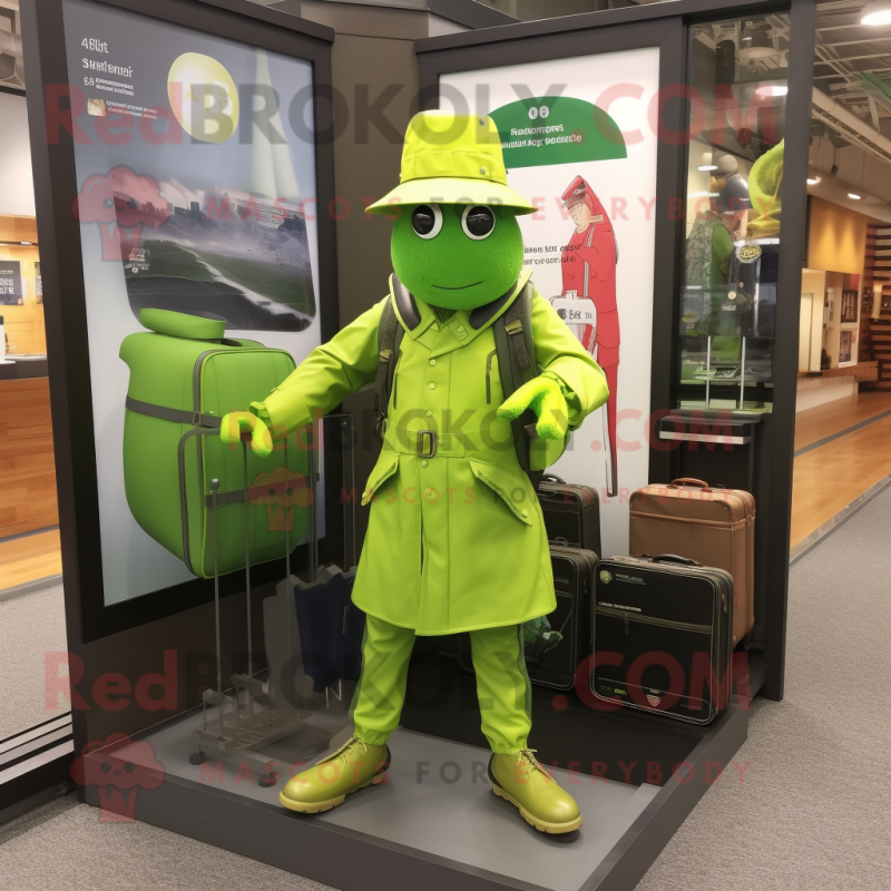 Lime Green Knife Thrower mascot costume character dressed with a Raincoat and Briefcases