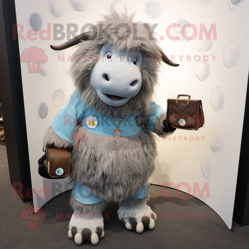 Gray Yak mascot costume character dressed with a Henley Tee and Coin purses