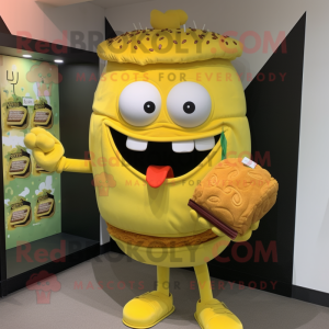 Lemon Yellow Burgers mascot costume character dressed with a Shorts and Clutch bags