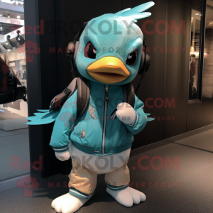 Teal Dove mascot costume character dressed with a Bomber Jacket and Backpacks