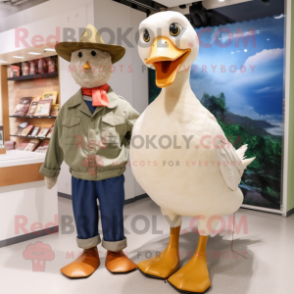 Beige Geese mascot costume character dressed with a Bootcut Jeans and Brooches