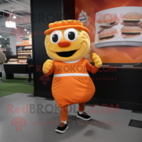 Orange Pulled Pork Sandwich mascot costume character dressed with a Running Shorts and Mittens