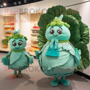 Turquoise Cabbage mascot costume character dressed with a Mini Dress and Coin purses