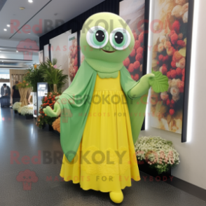 Lemon Yellow Four Leaf Clover mascot costume character dressed with a Maxi Skirt and Shawls