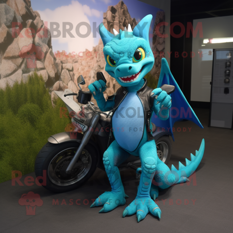 Personaggio del costume della mascotte del drago ciano vestito con una  giacca da moto e cavigliere - Costumi da mascotte -  Formato  L (175-180 CM)