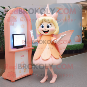 Peach Tooth Fairy mascot costume character dressed with a Shift Dress and Wallets