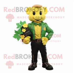 Lemon Yellow Bunch Of Shamrocks mascot costume character dressed with a Leather Jacket and Suspenders