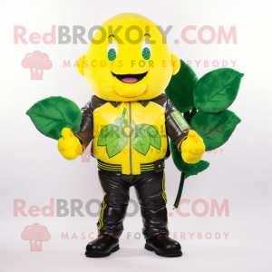 Lemon Yellow Bunch Of Shamrocks mascot costume character dressed with a Leather Jacket and Suspenders