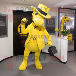 Yellow Horseshoe mascot costume character dressed with a Suit and Clutch bags