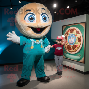 Teal Pizza Slice mascot costume character dressed with a Overalls and Watches