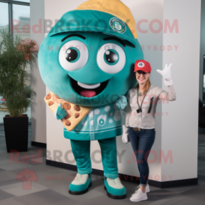 Teal Pizza Slice mascot costume character dressed with a Overalls and Watches