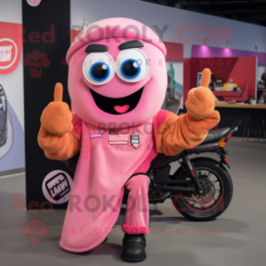 Pink Currywurst mascot costume character dressed with a Moto Jacket and Wraps