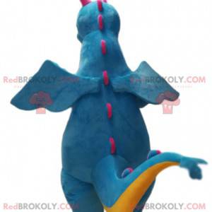 Zeer glimlachende blauwe en gele draakmascotte. Dragon kostuum