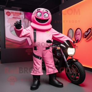 Pink Currywurst mascot costume character dressed with a Moto Jacket and Wraps