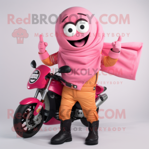 Pink Currywurst mascot costume character dressed with a Moto Jacket and Wraps