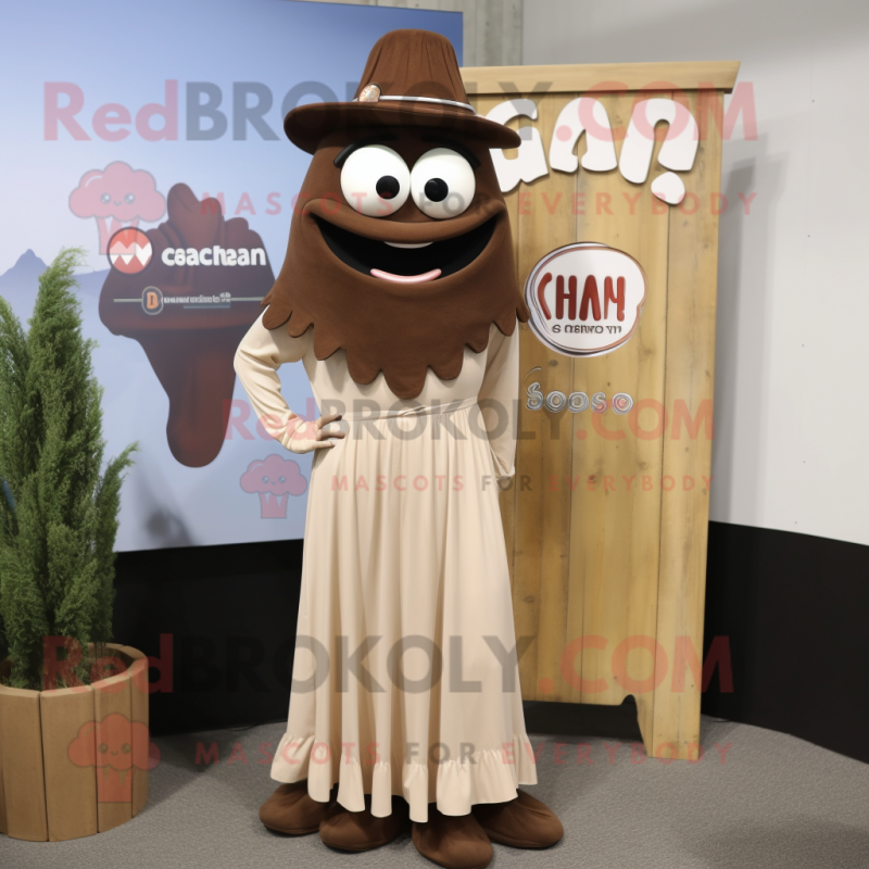 Brown Clam Chowder mascot costume character dressed with a Maxi Dress and Belts