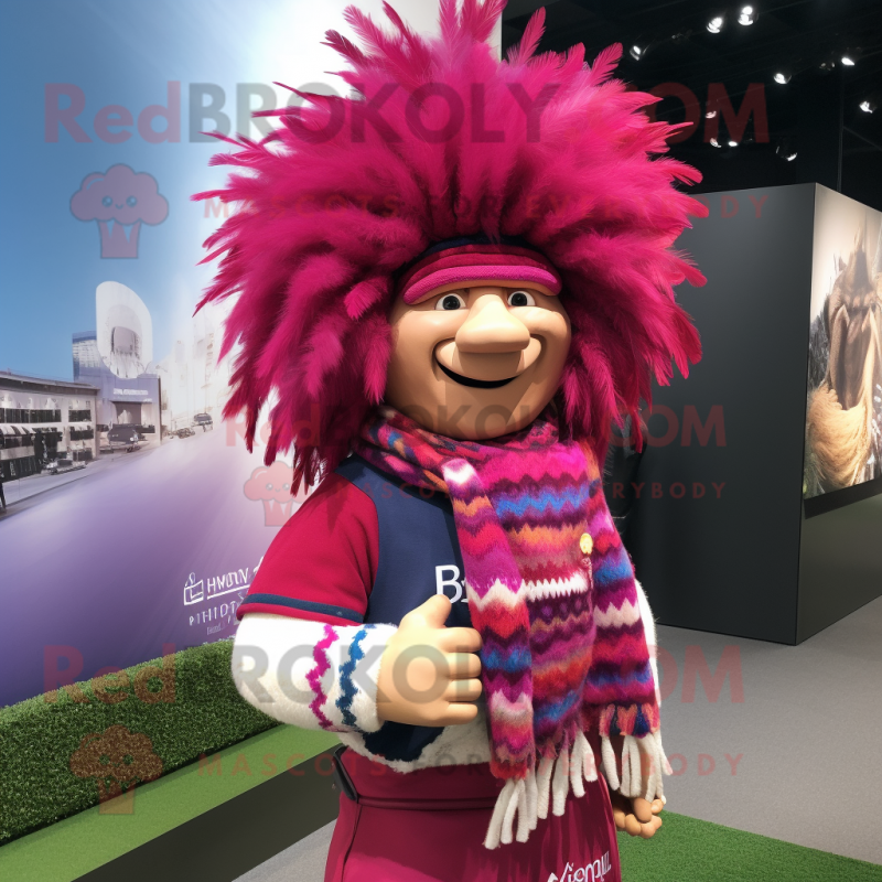 Magenta Chief mascot costume character dressed with a Rugby Shirt and Scarves