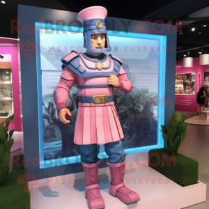 Pink Roman Soldier mascot costume character dressed with a Chambray Shirt and Rings