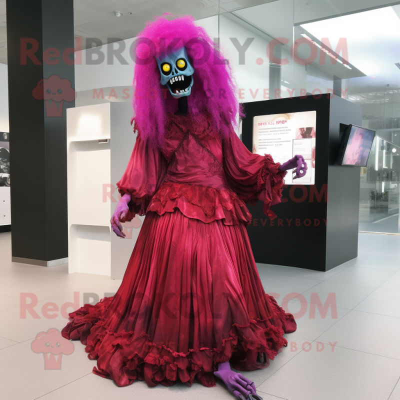 Magenta Undead mascot costume character dressed with a Evening Gown and Belts