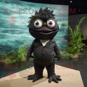 Black Axolotls mascot costume character dressed with a Poplin Shirt and Eyeglasses