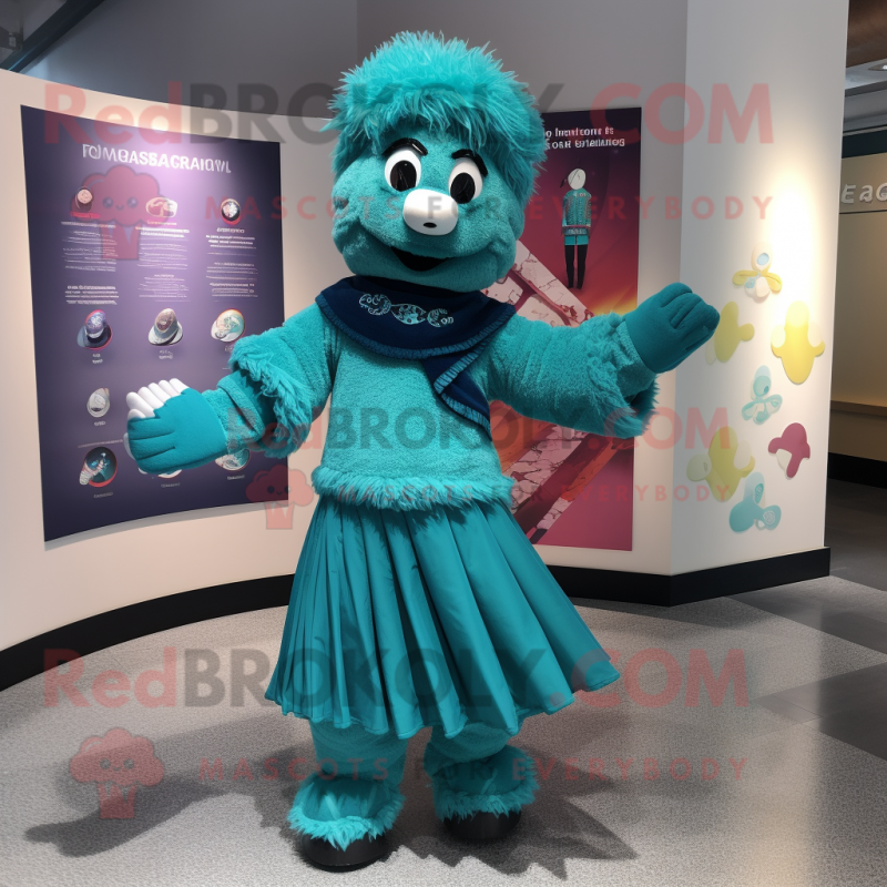 Turquoise Irish Dancer mascot costume character dressed with a Wrap Dress and Mittens
