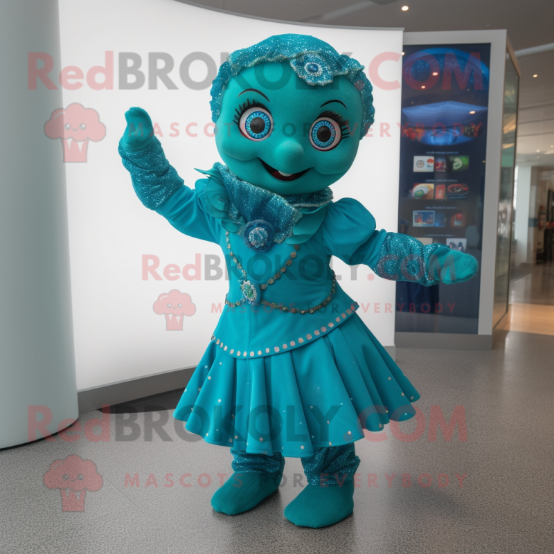 Turquoise Irish Dancer mascot costume character dressed with a Wrap Dress and Mittens