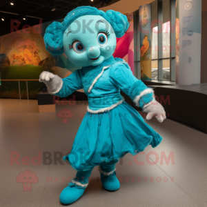Turquoise Irish Dancer mascot costume character dressed with a Wrap Dress and Mittens