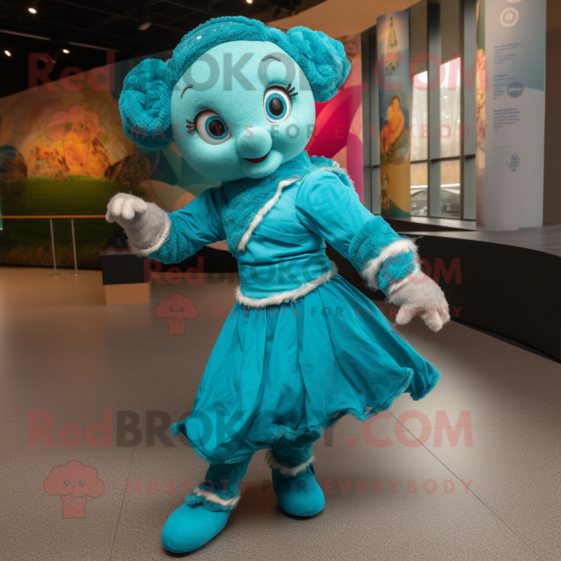 Turquoise Irish Dancer mascot costume character dressed with a Wrap Dress and Mittens