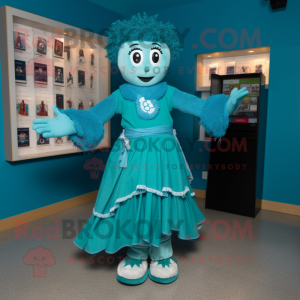 Turquoise Irish Dancer mascot costume character dressed with a Wrap Dress and Mittens