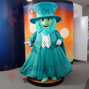 Cyan Leprechaun mascot costume character dressed with a Maxi Skirt and Ties