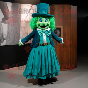 Cyan Leprechaun mascot costume character dressed with a Maxi Skirt and Ties