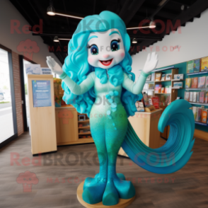 Cyan Mermaid mascot costume character dressed with a V-Neck Tee and Headbands