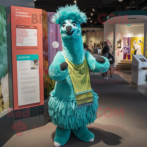 Teal Llama mascot costume character dressed with a Skirt and Cummerbunds