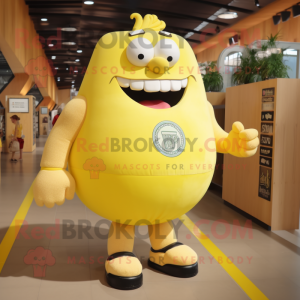 Lemon Yellow Strongman mascot costume character dressed with a Henley Tee and Lapel pins