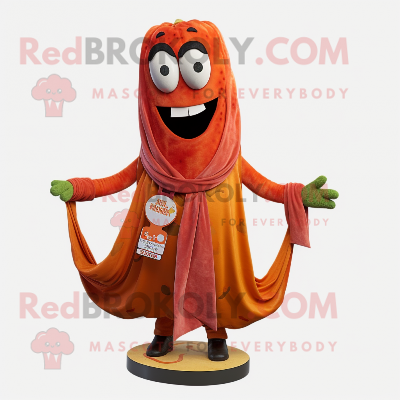 Rust Zucchini mascot costume character dressed with a Midi Dress and Scarf clips