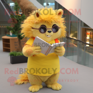 Yellow Porcupine mascot costume character dressed with a V-Neck Tee and Reading glasses