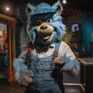 Blue Werewolf mascot costume character dressed with a Vest and Berets