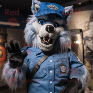 Blue Werewolf mascot costume character dressed with a Vest and Berets