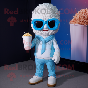 Sky Blue Pop Corn mascot costume character dressed with a Long Sleeve Tee and Sunglasses