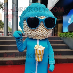 Sky Blue Pop Corn mascot costume character dressed with a Long Sleeve Tee and Sunglasses