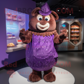 Purple Chocolates mascot costume character dressed with a Wrap Dress and Mittens